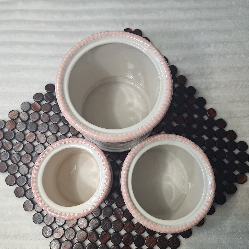 3 Pc Pink Heart Sponge Ware Ceramic Canisters Cottage Country Kitchen 90's - Picture 4 of 12